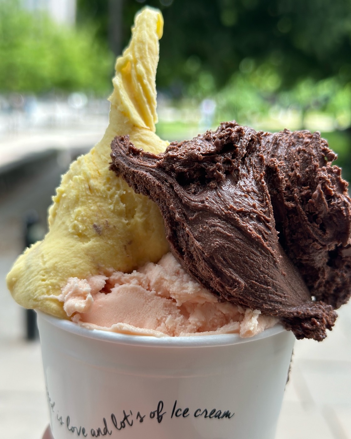 Bägare med mango, choklad och jordgubb